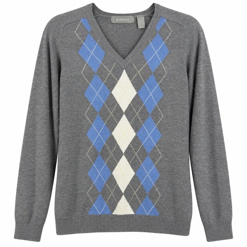 Liz Claiborne Sweater Women Large Gray Blue Argyle V Neck Silk Cotton Preppy